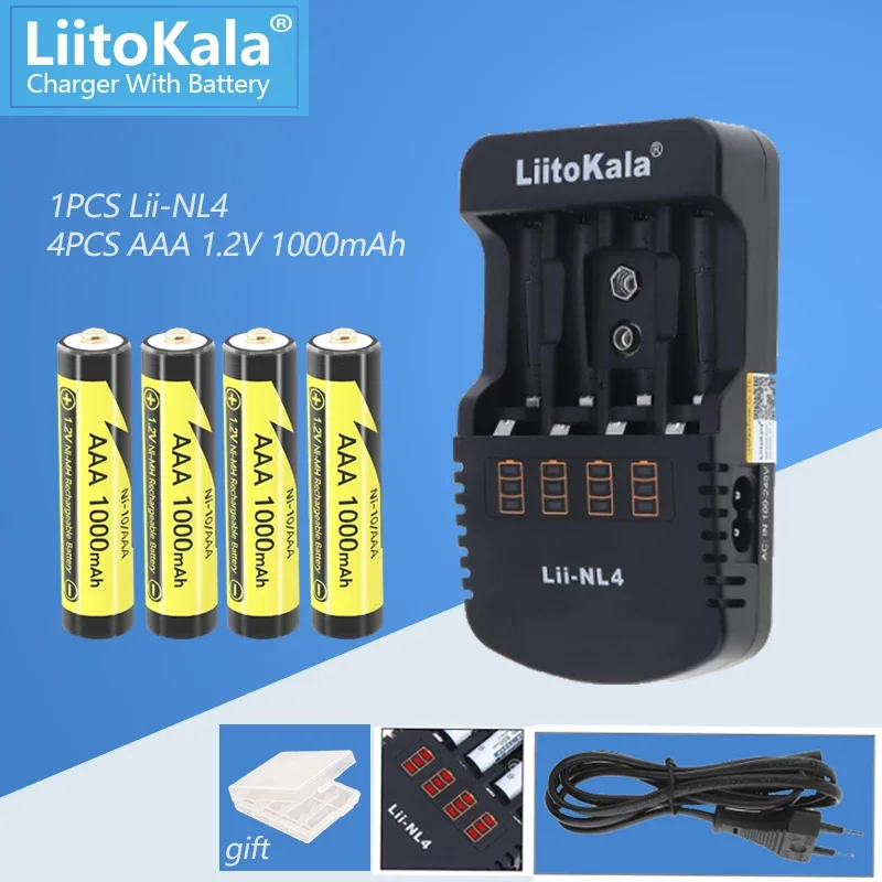 Liitokala 4ชิ้นแบตเตอรี่แบบชาร์จไฟได้1.2V AA 2600mAh/AAA 1000mAh Ni-MH สำหรับปืนอุณหภูมิรีโมทคอนโทรลเมาส์ของเล่นแบตเตอรี่ + NL4