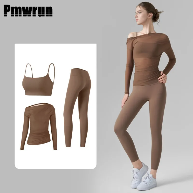 

PMWRUN 2025 летний комплект из трех предметов для йоги, новая сетчатая одежда для йоги, жилет-бретелька без смущающих линий, комплект штанов для йоги из лайкры для женщин