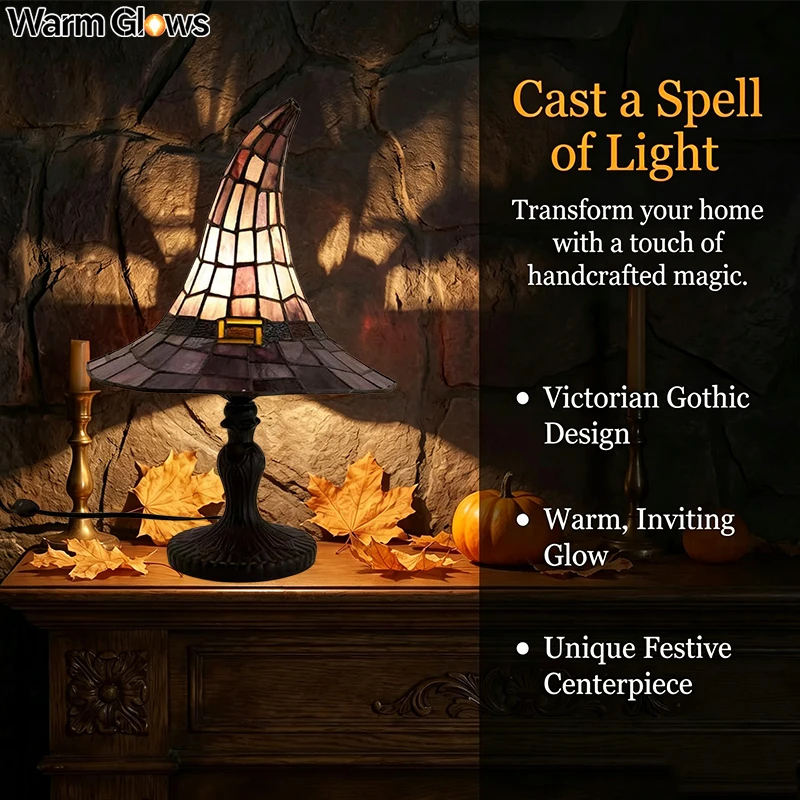 Halloween Witch Hat Table Lamp Resin Pumpkin Night Light Led Home Decor Gothic Ambiance Ornament For Bedroom Living Room