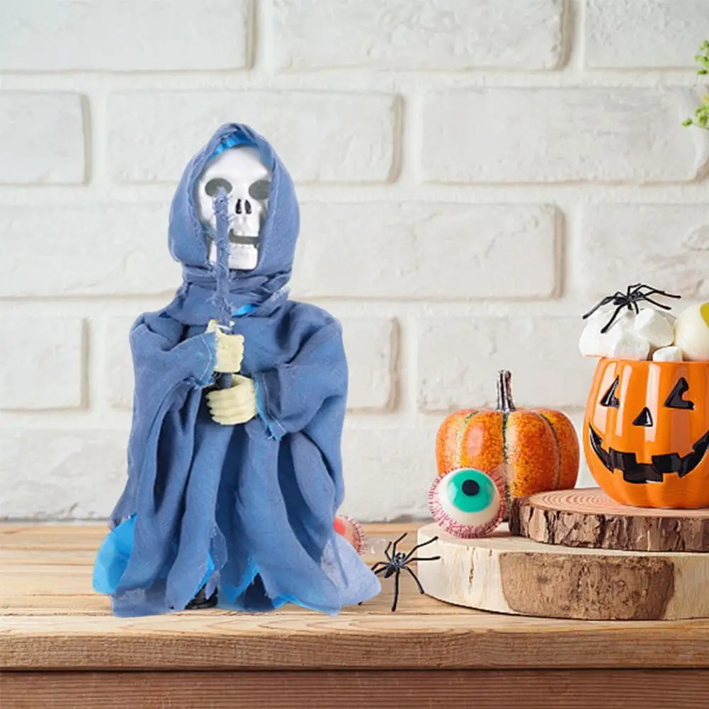 Bones Simulation Toy Spooky Halloween Skeleton Figurine with Light-up Caped Twist Skull Sound Poseable Desktop Statue for Party