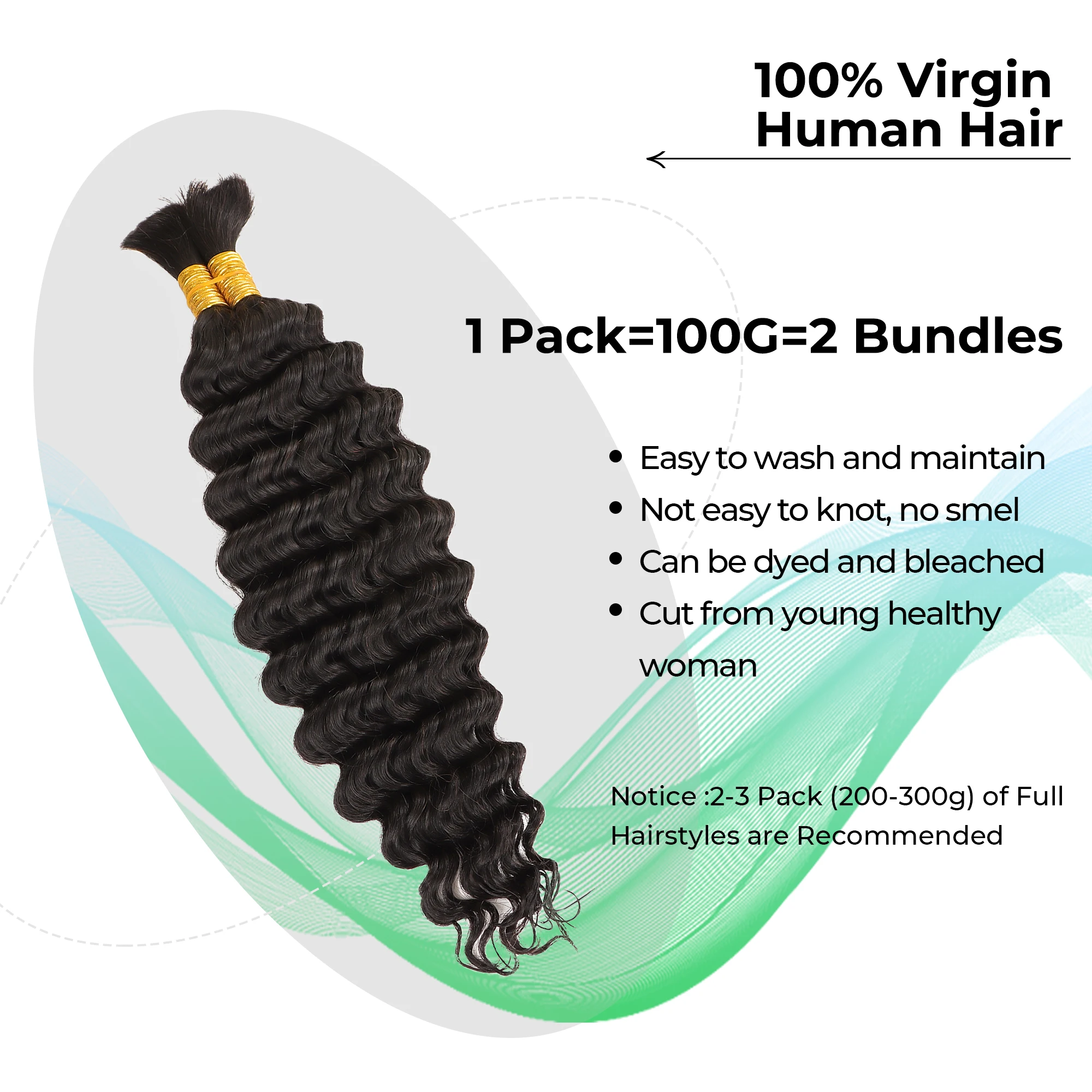 AHVAST 딥 웨이브 번들, 인모 벌크 헤어 익스텐션, 브레이드 천연 블랙 크로셰 브레이드, 100 g/pc