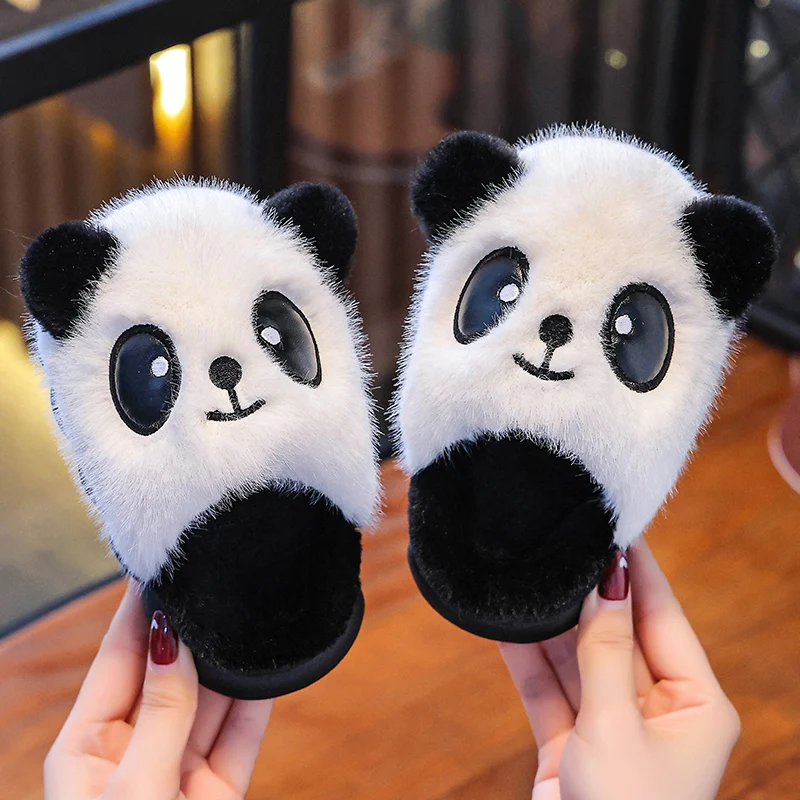 New Winter Warm Cute Cartoon Panda Indoor Mule Soft Non-slip Kids Fluffy Slippers For Boys And Girls Children Home Cotton Shoes