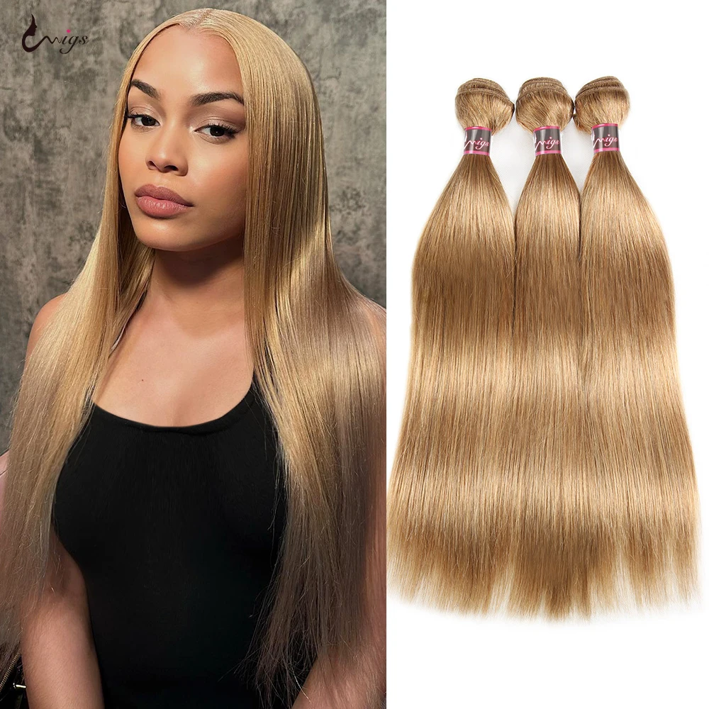 Uwigs 27# Honey Blonde Human Hair Bundles Bone Straight Bundles Human Hair Brazilian Remy Hair Weave Colored 1/3/4PCS For Women