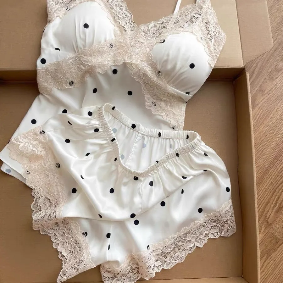 New Summer Ice Silk Pajamas Sexy Deep V With Cushion Strap Shorts Comfortable Two Piece Home Clothes