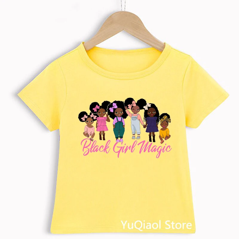 

New BLACK GIRL MAGIC Puff Hair Black Girls T-Shirt Cute Little Melanin Queen T Shirt Summer Children's Clothes Yellow Tshirts