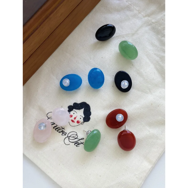

Summer Vacation Style Simple Oval Egg Surface Smooth Natural Stone Earrings Light Luxury Versatile Aventurine Temperament Earrin