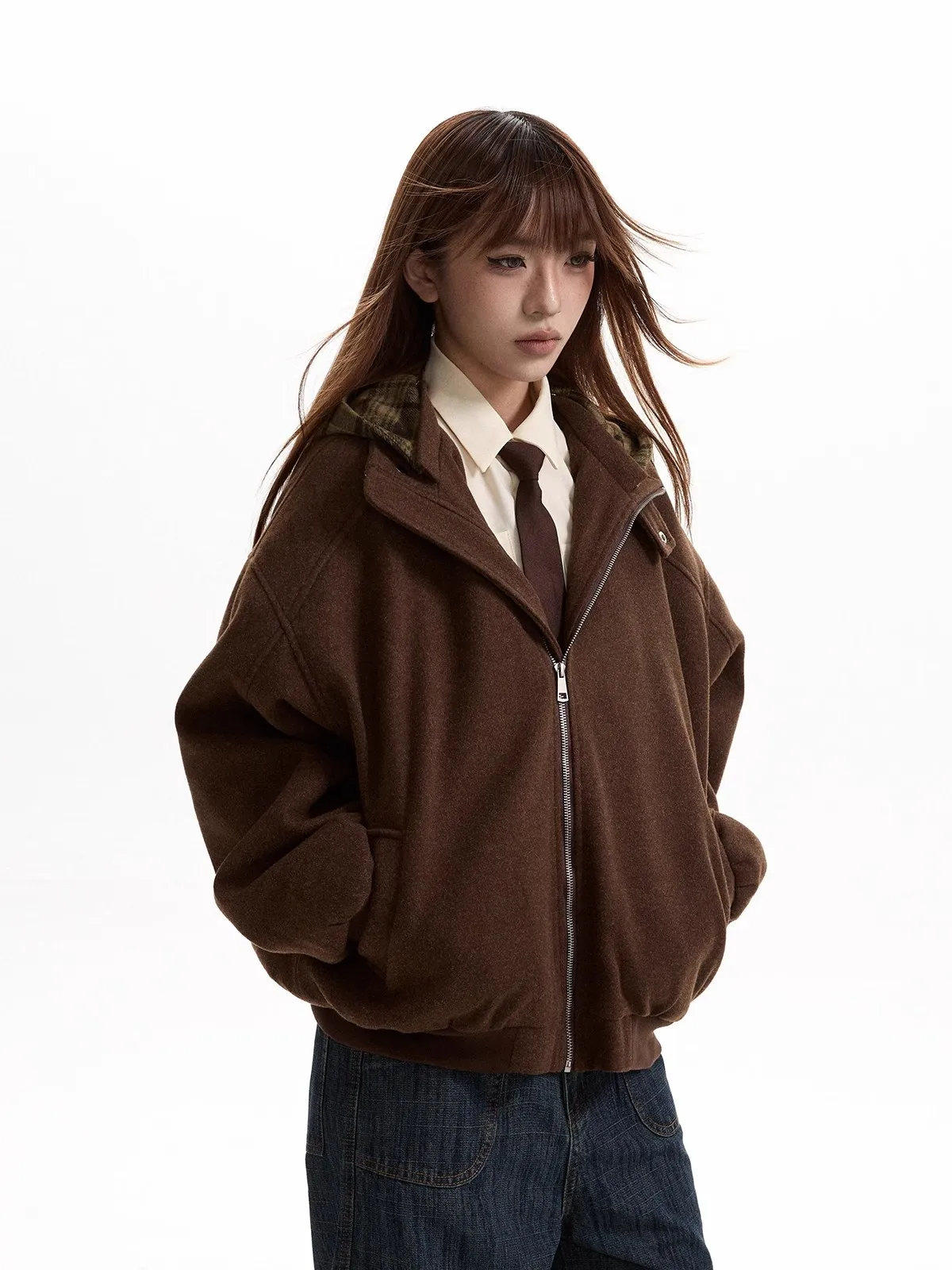 Retro americano xadrez boxy hoodie algodão jaet feminino cleanfit casaco de lã longo sve Thiened inverno commute sle