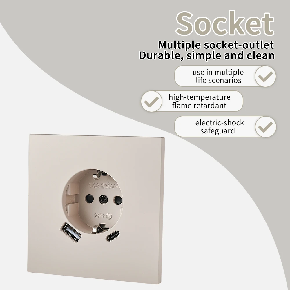 Skin Sensation Wall Socket Electrical Outlets EU Standard Classic With Ground Flame Retardant USB Power Sockets Paint Plastic