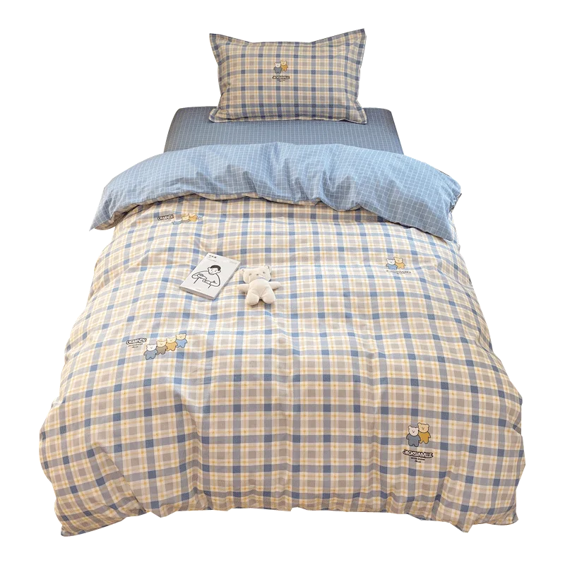 Cute Blue Plaid Bedding Set 100% Cotton Duvet Cover Sheet Pillowcases Soft Breathable Cartoon Bear Embroidery Machine Washable