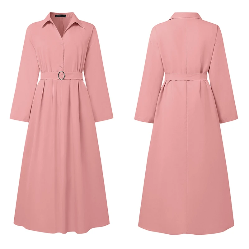 ZANZEA نساء موضة مربوط فساتين طويلة ملابس علوية بأكمام طويلة للربيع نصف أزرار بياقة ماكسي قميص فستان ملابس امرأة 4 ألوان S-3XL #2