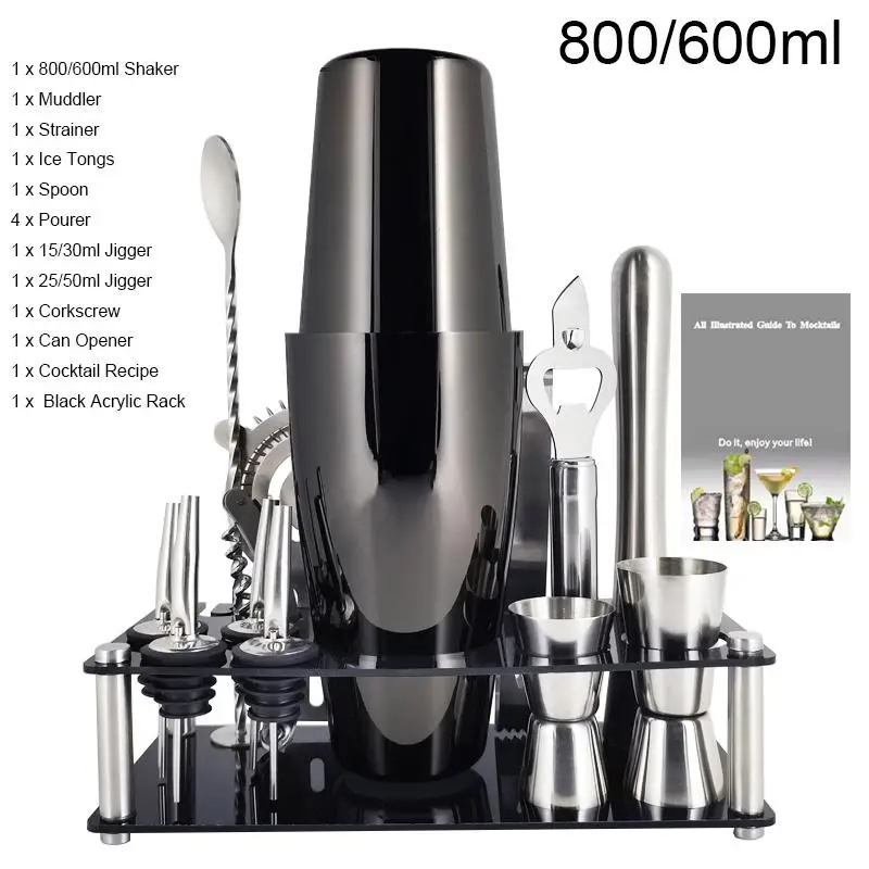 13 pezzi 750/600 ml Boston cocktail shaker miscelatore in acciaio inossidabile strumenti da bar set ricetta da cocktail con supporto per vino