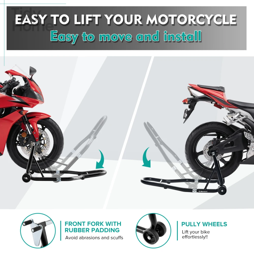 Motorcycle Stand 850LB,Sport Bike Front & Rear Wheel Lift Stands,Adjustable design suitable for most motorcycles,Black colour.