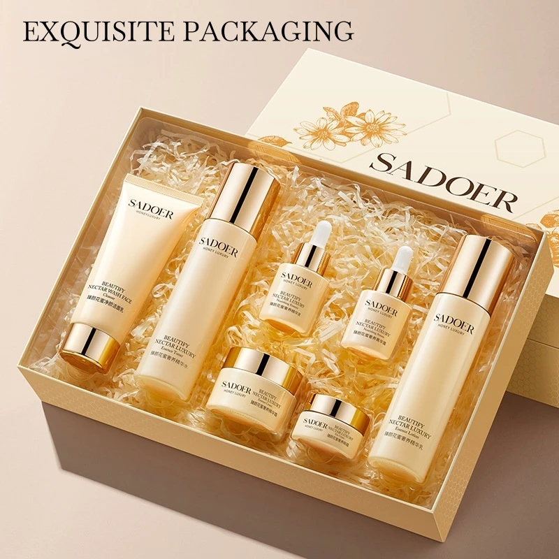 zhenyan-flower-honey-luxurious-skincare-seven-piece-set-containing-centella-asiatica-extract-aloe-vera-extract-niacinamide-and-other-ingredients-the-set-includes-cleansing-milk-essence-water-essence-lotion-essence-serum-essence-dew-essence-cream-and-eye-cream-with-a-variety-of-moisturizing-skincare-ingredients-to-replenish-the-skin's-moisture-providing-a-hydrating-translucent-and-tender-complexion-leaving-the-skin-moisturized-naturally-gentle-and-easy-to-absorb-a-perfect-holiday-gift