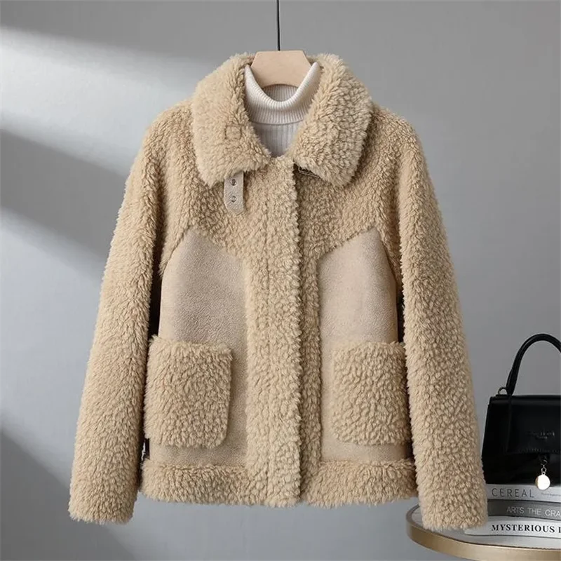 Winter Short Lambswool Coat Women 2023 New Fashion Granular Shearling Jacket Turndown Collar Pocket Zipper Outerwear Female