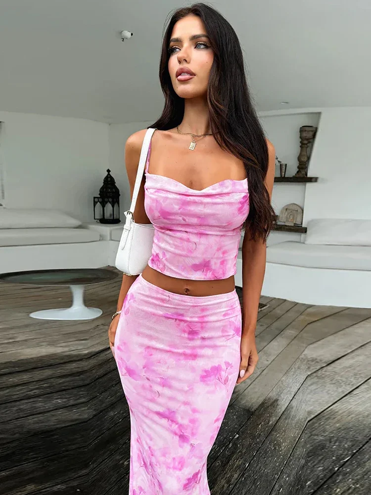 

XIAOTANG Strapless Print Sexy Two Piece Sets Women Spaghetti Strap Crop Tops and Maxi Skirt Female Elegant Printed 2 Piece Sets