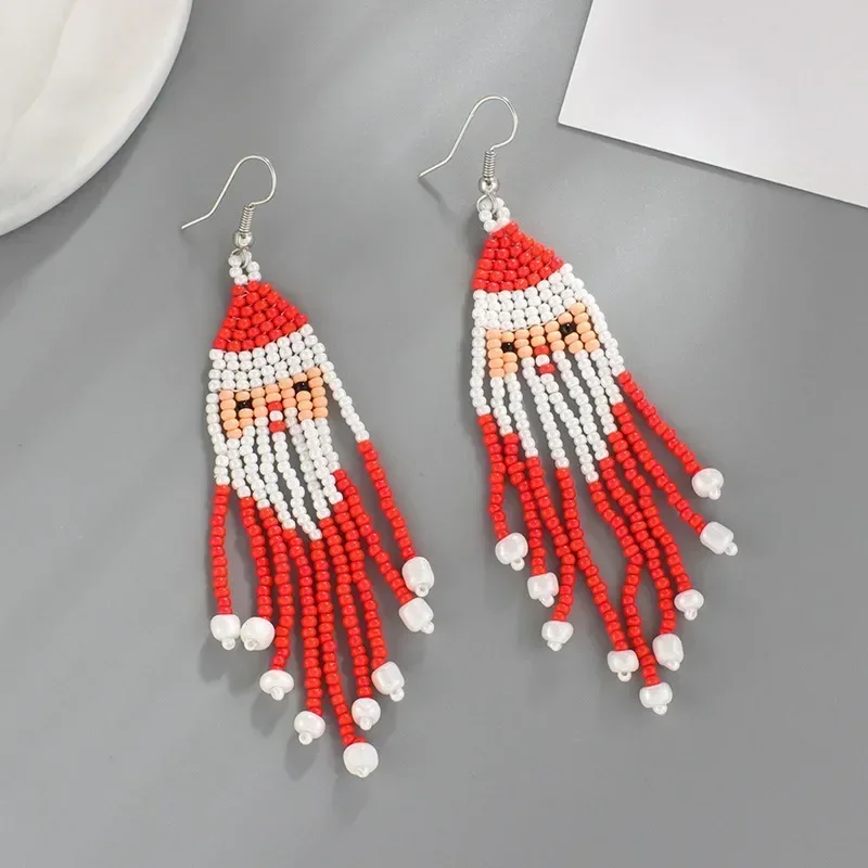 Rice Bead Earrings Hand knitting fashion Christmas christmas tree  Santa Claus  Simple alloy ma'am  Tassel Beaded earrings