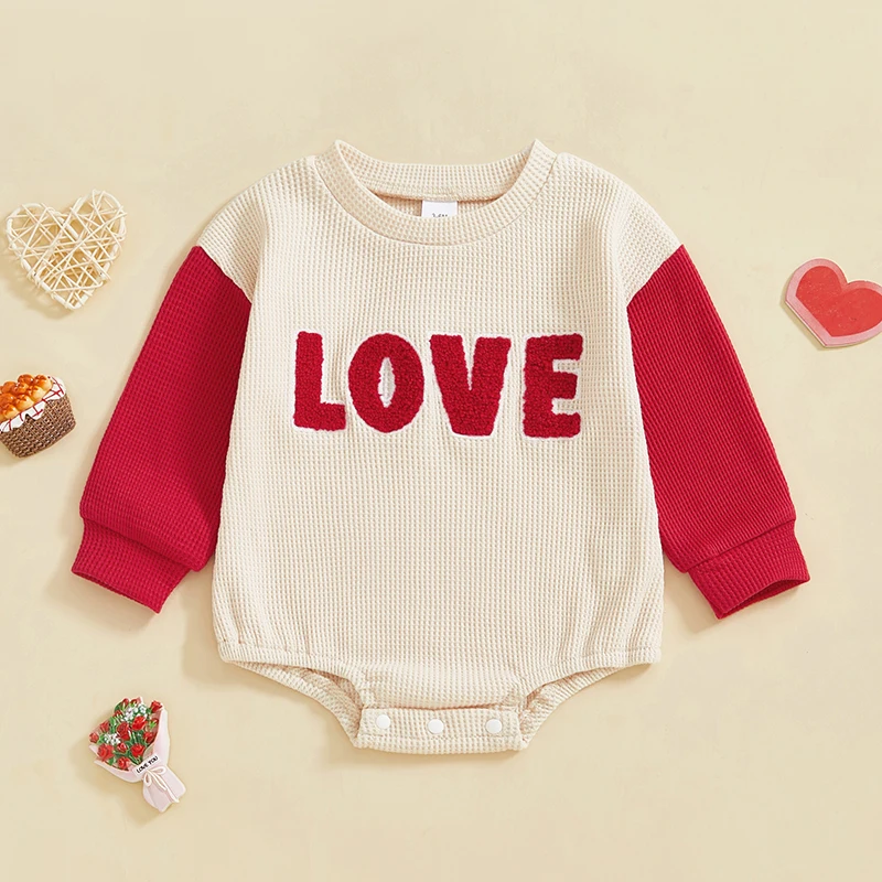 

2024-10-09 Lioraitiin Baby Boys Girls Valentines Day Romper Letter Embroidery Long Sleeve Waffle Knit Jumpsuit Spring Clothes