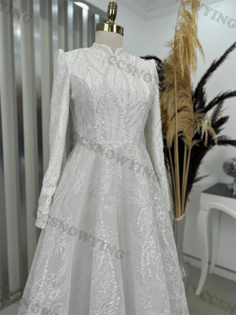 Elegant Lace Appliques Beaded Muslim Wedding Dresses Long Sleeve High Neck Islamic Bridal Gown Arabic Dubai Robe De Mariée