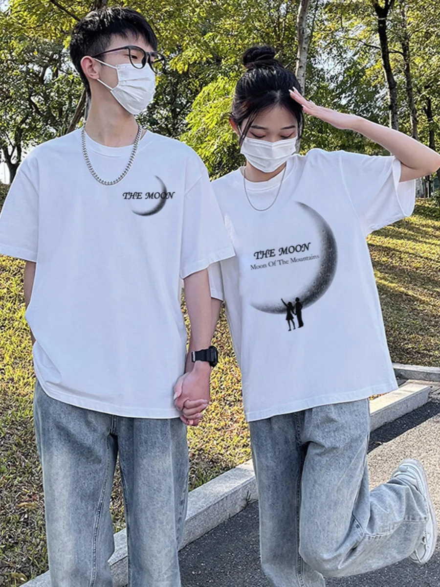 2024 Summer The Moon Print Men Women Graphic T-Shirt Streetwear 240g Cotton Loose Short Sleeve Shirts Top For Couple Clothes