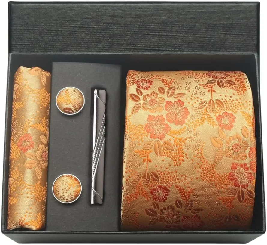 100 % Seide Marke Krawatte Taschentuch Manschettenknopf Set für Männer Krawatte Urlaub Geschenkbox Blau Gold Anzug Zubehör Passend für den Arbeitsplatz Urlaub – Detail 13