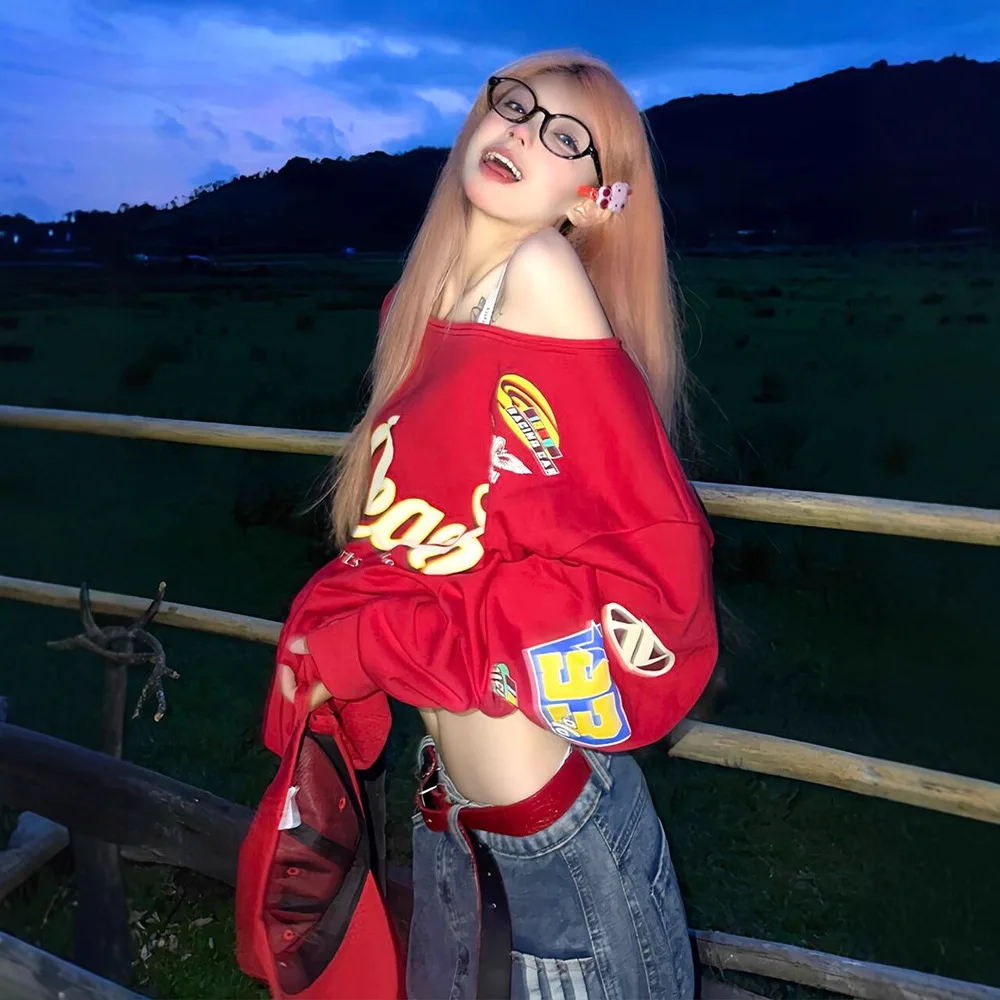 

Red Sloping Shoulder Long Sleeved Hoodie for Women's Autumn and Winter New Style, Loose Letter Spicy Girl Off Shoulder Top