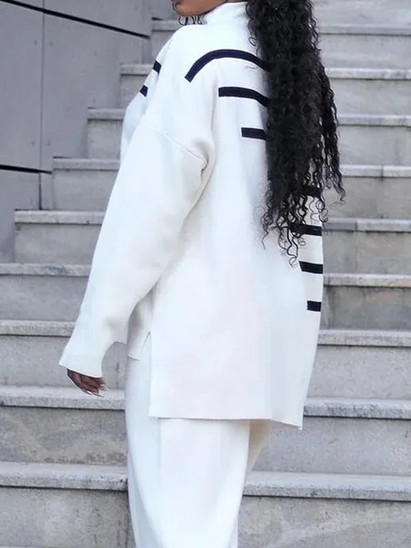 Modigirl Frau 2-teiliges Set Outfit 2025 Herbst Winter Gestreifter Langarmpullover Weites Bein Lange Hosen Lässige weiße Outfits Frau