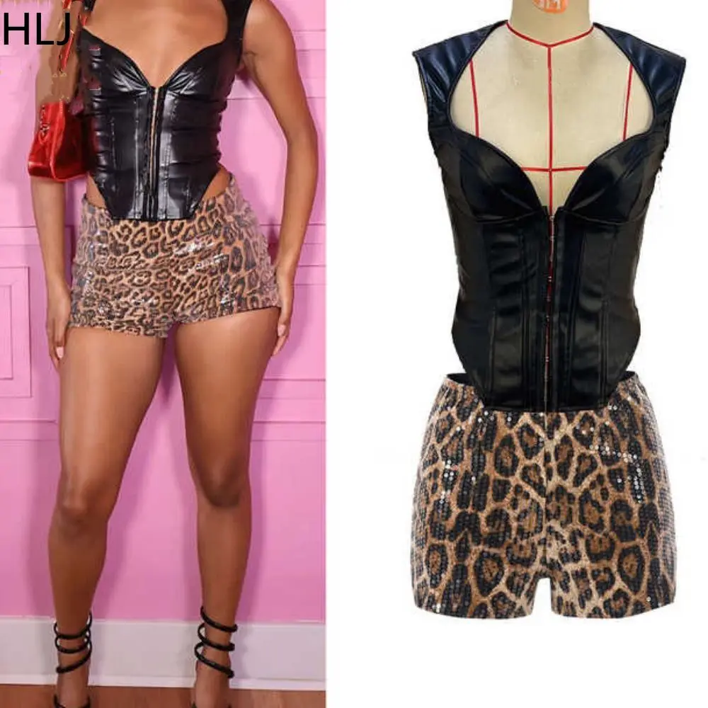 HLJ Fashion Y2K Sequin Leopard Shorts Two Piece Sets Women Leather Sleeveless Slim Tank Top And Shorts Outfits Sexy Streetwear