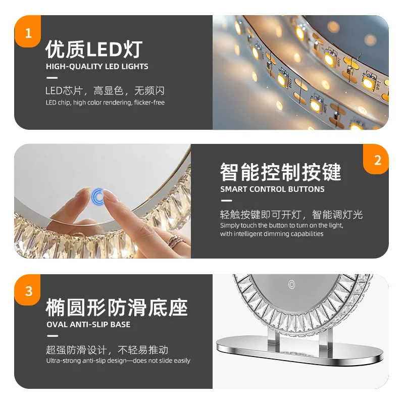 French crystal rimmed mirror makeup mirror desktop vanity mirror with lamp makeup  cross-border special supply