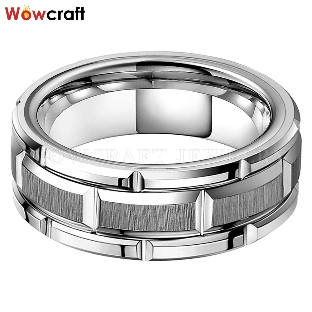 Classic Mens 8mm Tungsten Carbide Wedding Band Brick Pattern Brushed Finish Free Inside Engraving Comfort Fit