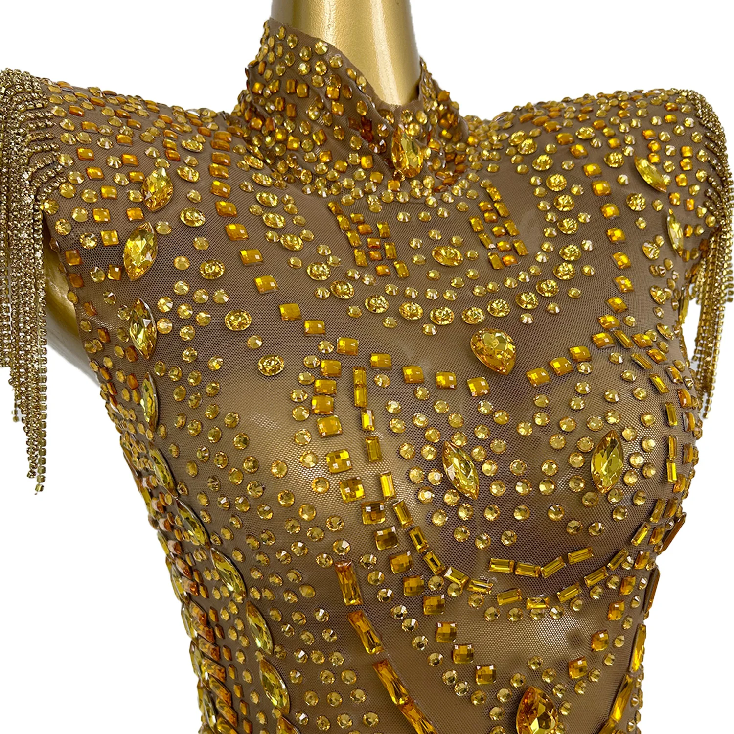 

Women Transparent Gold Diamond Party Dress Birthday Luxury Costume Fancy Brilliant Dancer Wedding Dress Impressive Dress Luogu