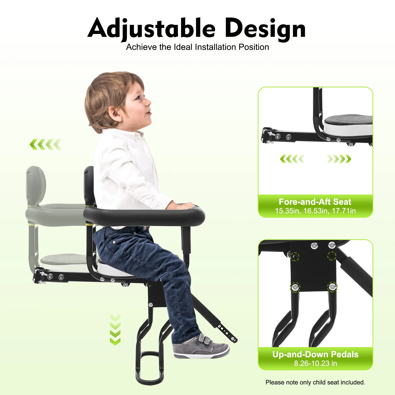 مقعد دراجة للأطفال مثبت على الأمام، حامل أطفال مثبت ثنائي النقاط 80 كجم، كرسي حماية آمن للدراجة الإلكترونية