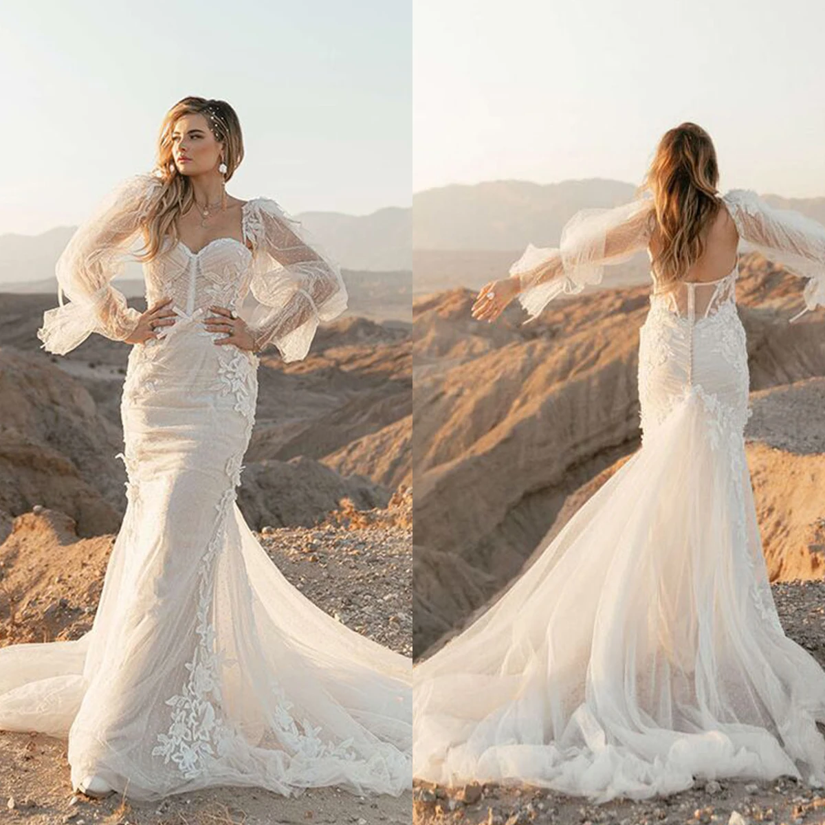 

Backless A Line Wedding Dresses Beach Long Sleeve Sweetheart Lace Applique Bride Gown Robe De Mariee Chapel Train