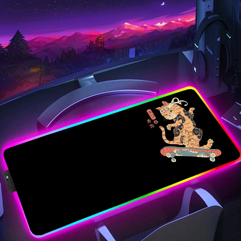 RVB Polymer Rubber Mouse Mouse Carpet, Japanese Chat HD Printing, Large Anti -slip Mouse Carpet, LED keyboard mat