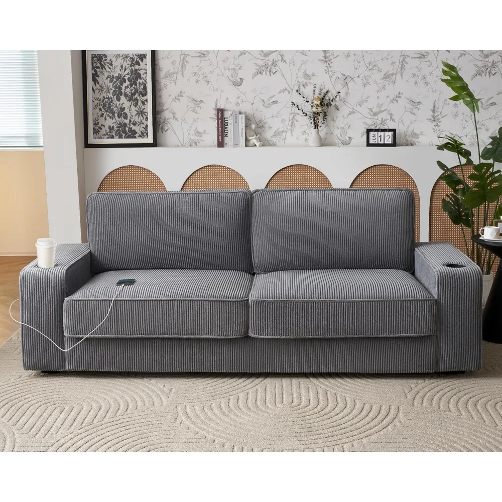 89in Modern Couch with Cup Holders & USB Charging Ports, Deep Seat Sofa Couch- Comfy Couch for Living Room (Ash Grey Corduroy)