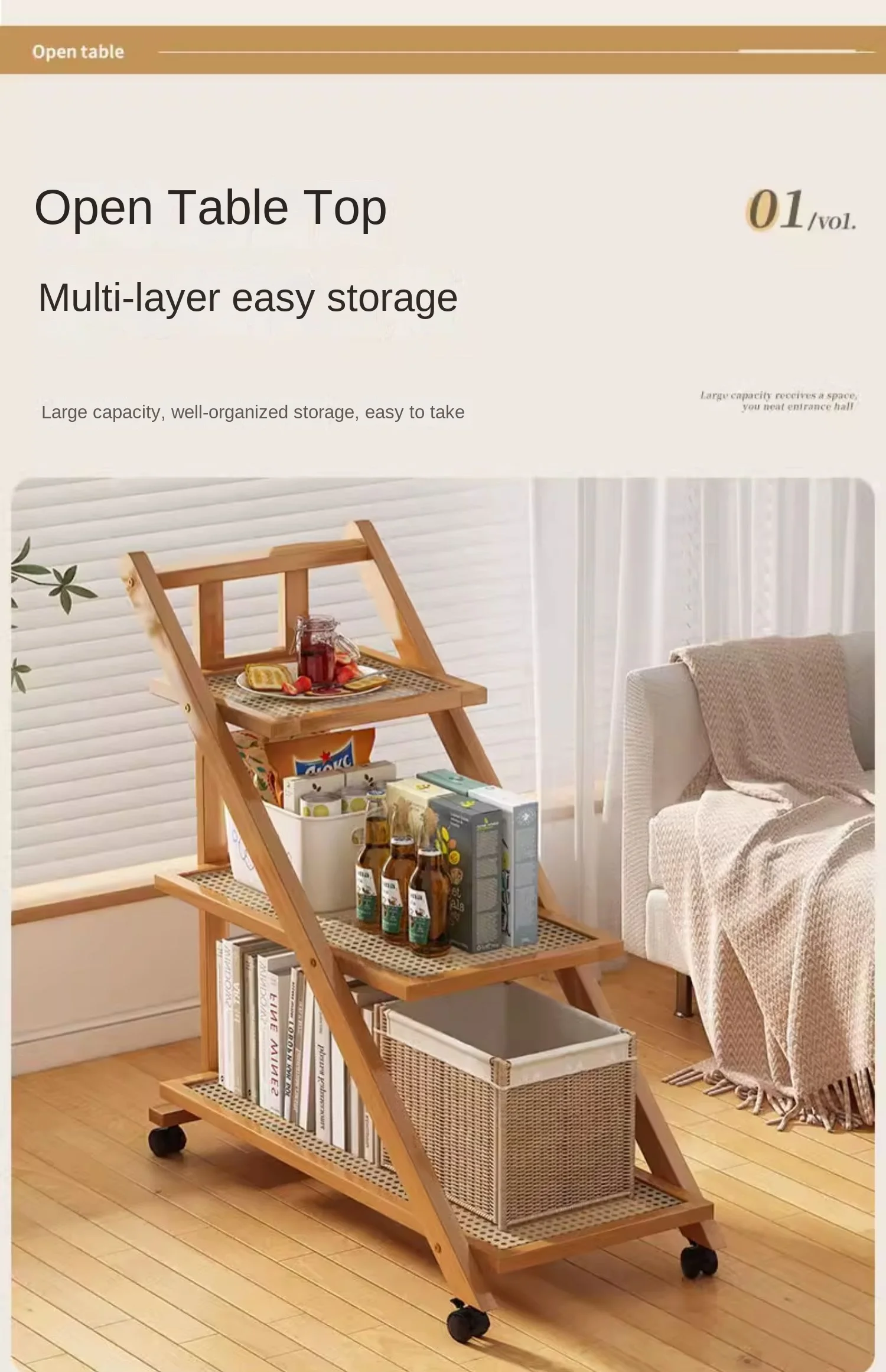 Simple foldable small cart bookshelf storage rack, floor to floor mobile shelf, multi-layer living room snack rack,