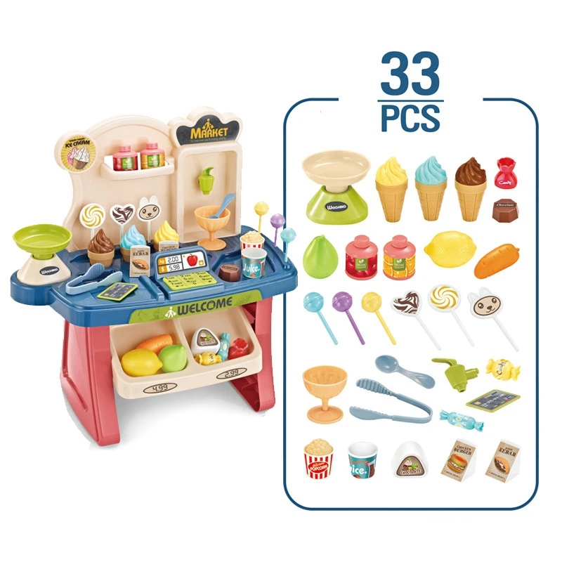 AM-Kids Cashier Toys Supermarket Cash Register Pretend Play Simulation Shopping Cart Convenience Store Ice Cream Cart Toys