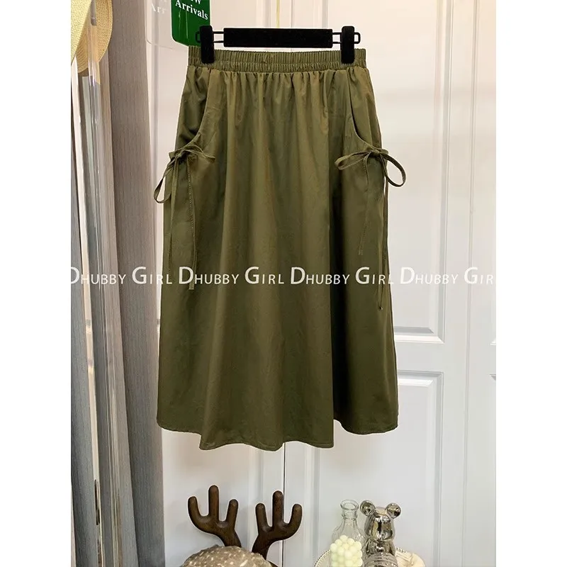 Summer Army Creen Skirts Womens 2023 New Vintage Skirt Elastic Casual Midi Skirt Women Clothes Jupe