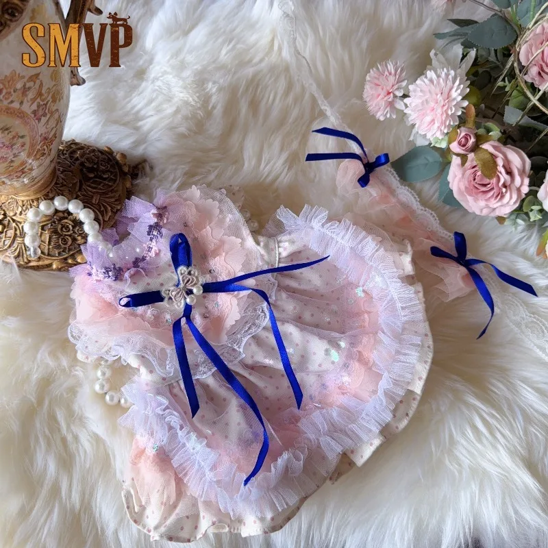 

Handmade Summer Polka Dot Pet Lolita Dress Lightweight Tulle Princess Dress with Blue Ribbon Lace Includes Headwear Pet Clothes