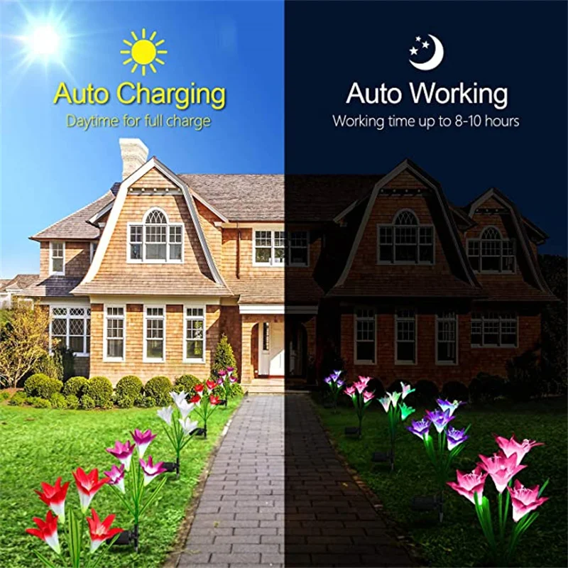 LED Garden Lights with 4 Head Lily 7 Color Variations Solar Lights Romantic Flower Atmosphere Lights for Lawn/Yard/Wedding Decor
