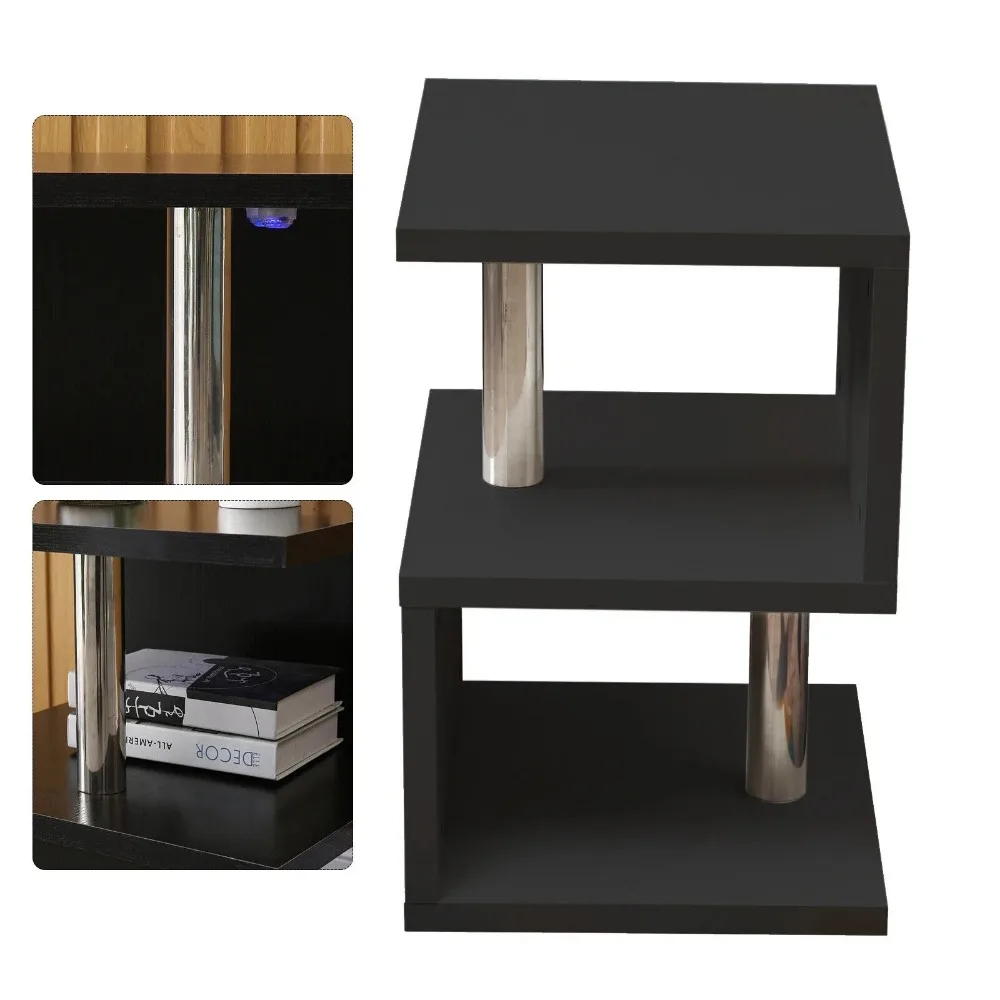 US Modern High Gloss Coffee/Side Table Black With Blue LED Lights S-shape End Table