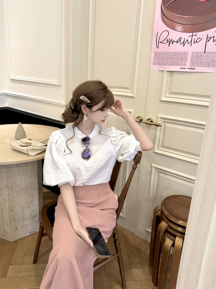 Japanse stijl elegante zoete shirts ronde hals terug vetersluiting boog bubble mouw eenvoudige commuter veelzijdige blouse tops dames zomer