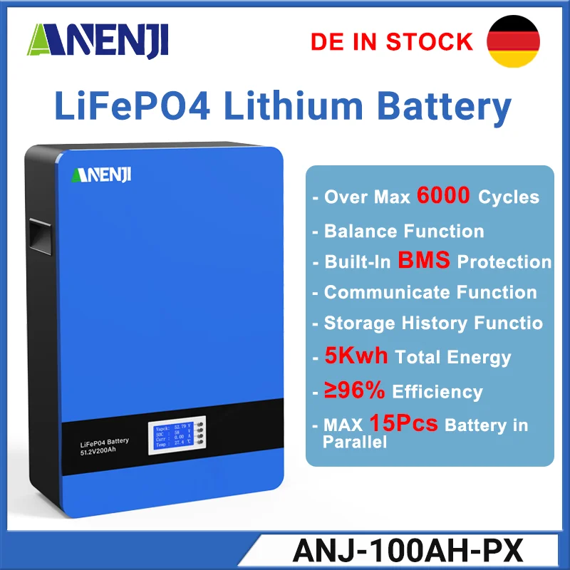 51.2V 100Ah Powerwall Lifepo4 Wall Mounted Battery Built-in BMS Pack 5Kwh 6000+ Cycles For Home Using