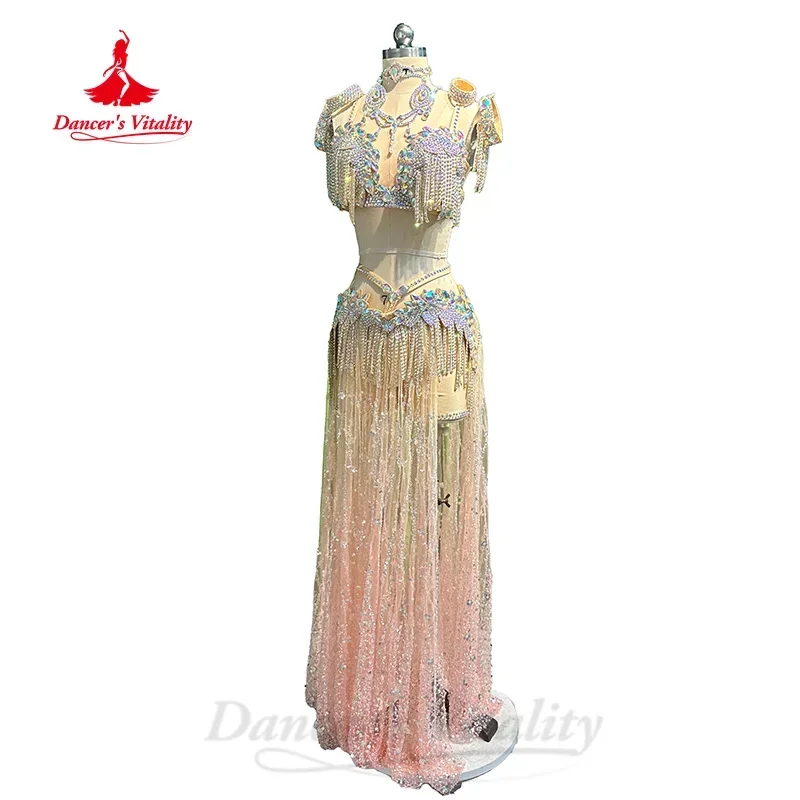 Belly Dance Costume for Women High End Customized Luxury Diamond Bra+Tassel Long Skirt 2pcs Adult and Child Performance Outfit