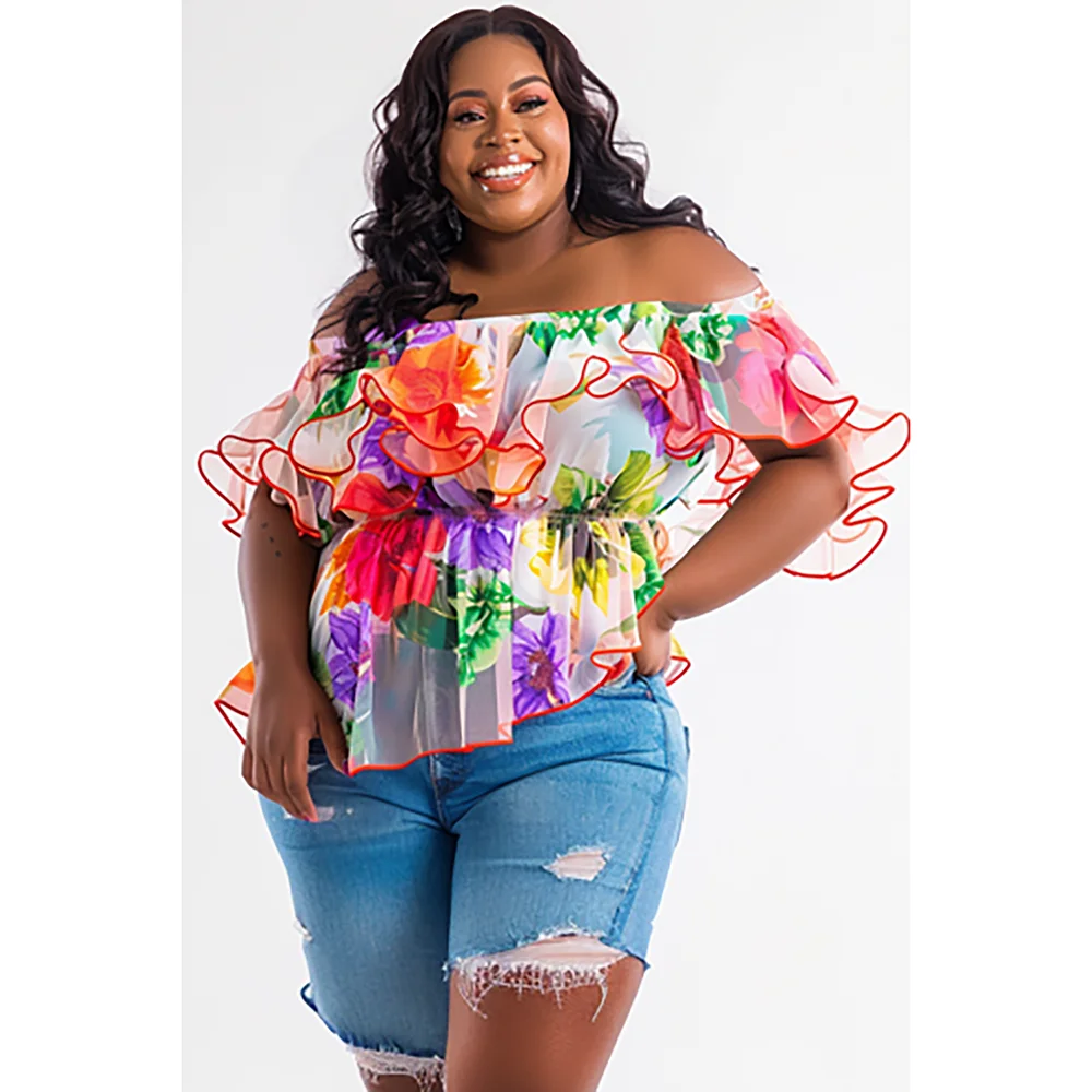 Floral multicolor fora dos tops do chiffon ombro, manga pétala, manga curta, ver através, plus size, férias