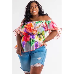 Plus Size Vacation Multicolor Floral Off The Shoulder Petal Sleeve Short Sleeve See Through Chiffon Tops