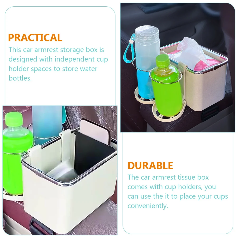 

Dual Armrest Tissue Holder Cup Holders Large Storage Box Drinks Snacks Glasses Abs Resistant Organizer Backseat Kids Prevention