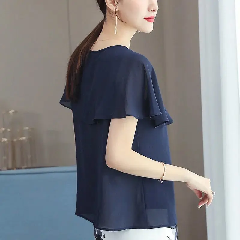 Temperament Thin Chiffon Blouse Summer New Short Sleeve V Neck Solid Lacing Patchwork Shirt Tops Office Casual Women Clothing