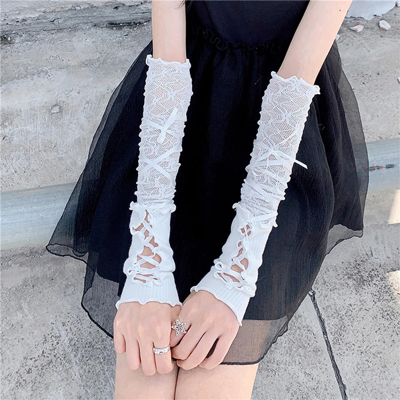 Vrouwen Lolita Jk Kant Vingerloze Handschoenen Zwart Gothic DIY Strapping Zonnebrandcrème Mouw Kleding Accessoires Elastische Mesh Punk Handschoenen