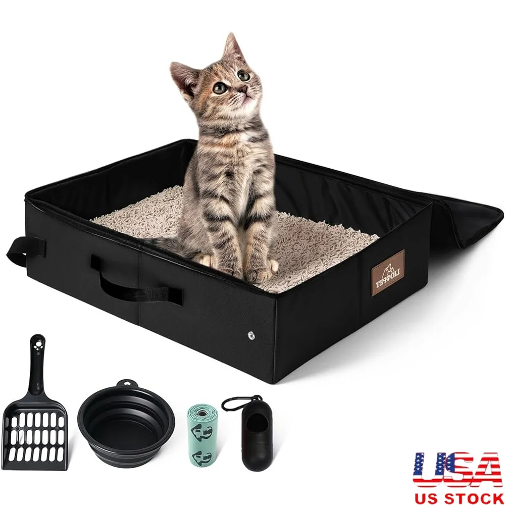 

Portable Cat Litter Box Leak Proof Foldable Travel Pet Waste Management with Lid Collapsible Bowl and Litter Scoop Road Trips