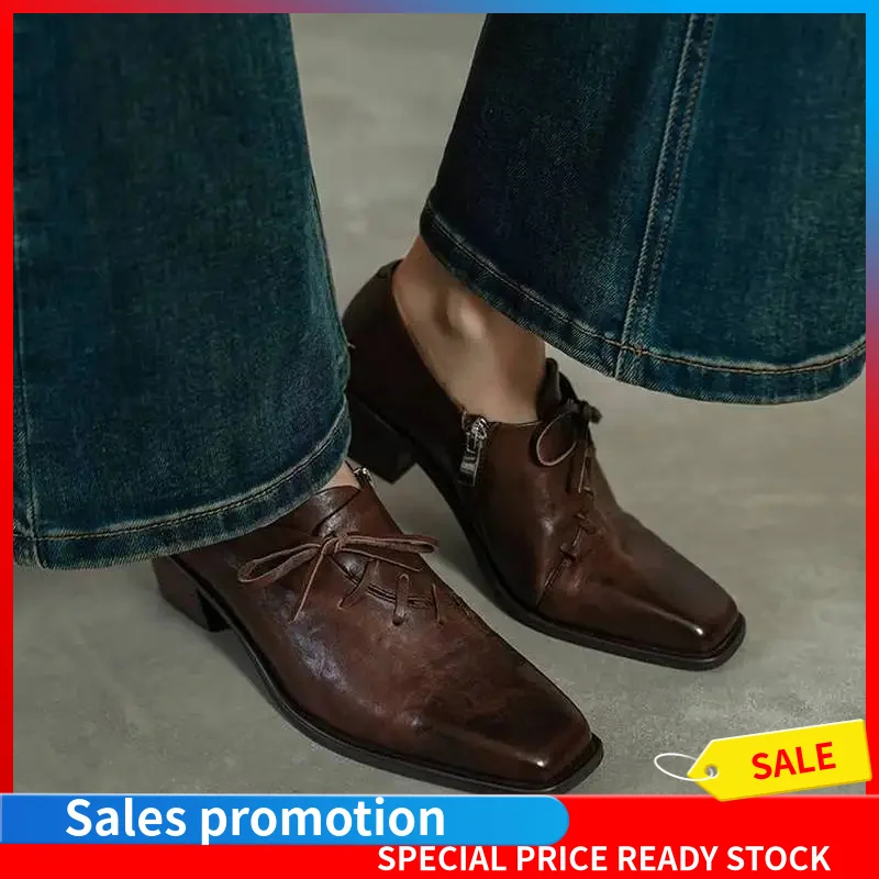 Women Square Toe Oxford Shoes 4.5cm Block Heel Lace Up Side Zipper Loafers Full Grain Washed Cow Leather Sheepskin Lining F17